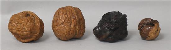 Two Chinese carved walnuts and two netsukes